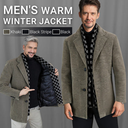 Men’s Stylish Notched Lapel Winter Tweed Jacket with White Duck Down Lining